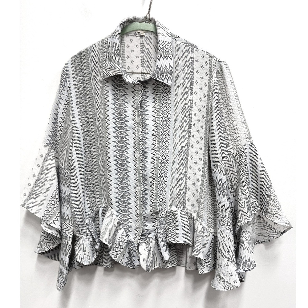 Uniq BOHO Romantic Top Womens Small Blue White Tribal Print Ruffle Bell Sleeve
